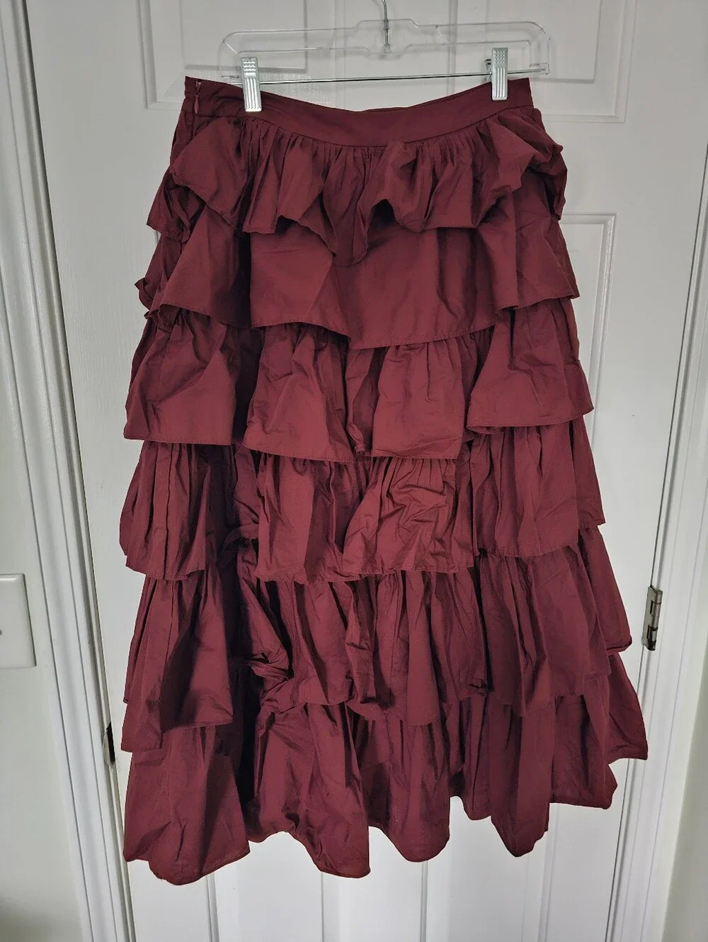 English Factory Burgundy Tiered Ruffle Midi Skirt Size L Cotton Blend Cottagecor
